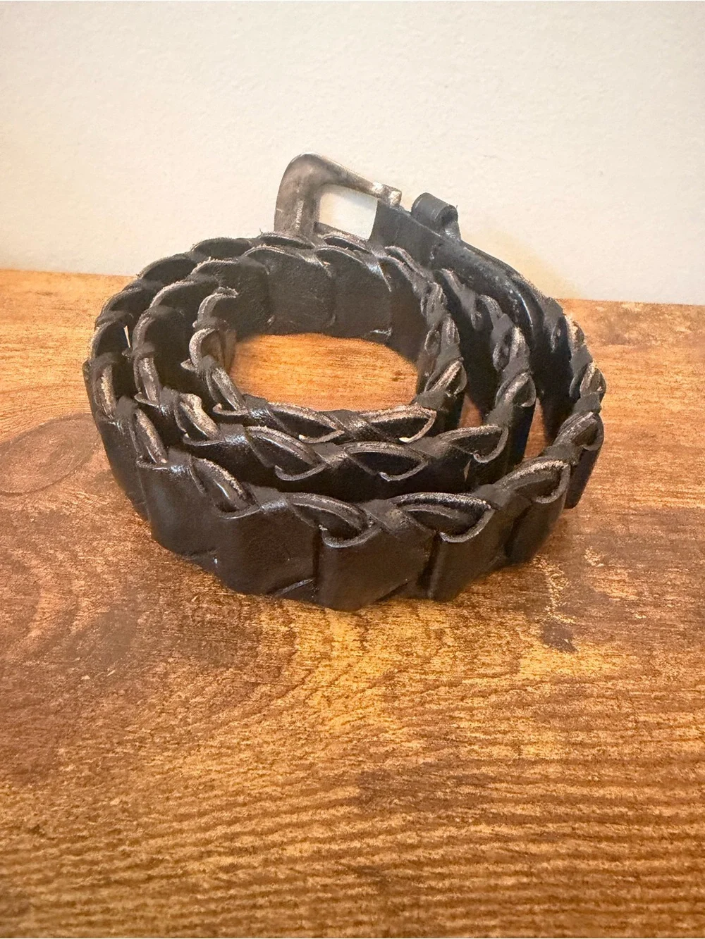 Genuine Leather Black Woven Interlocking Belt Solid Brass Buckle Made In India